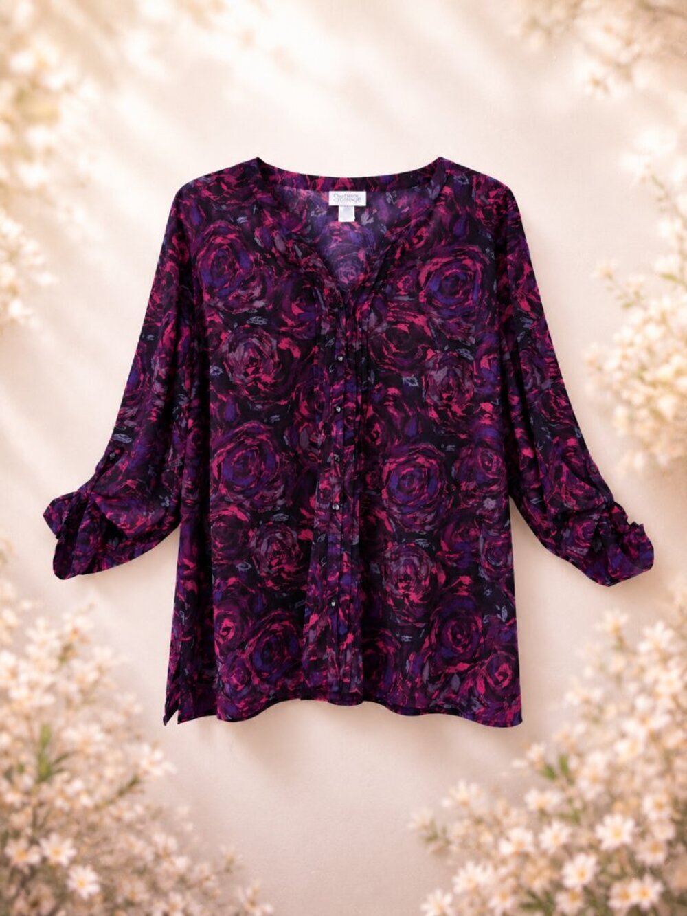 Maggie Barnes for Catherines Purple Floral Button-front Blouse -5X